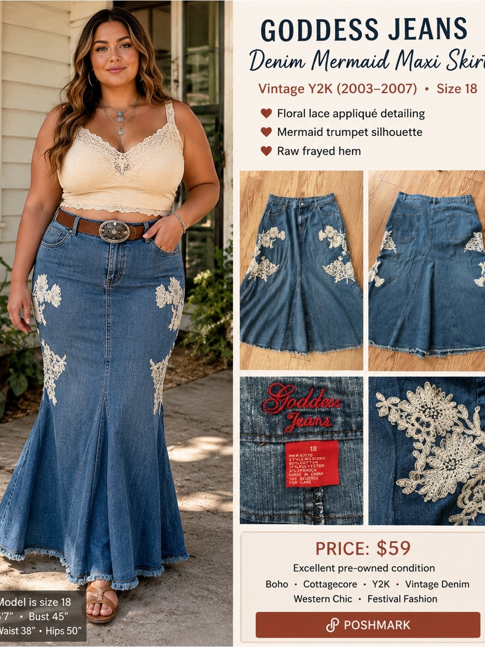 Goddess Denim Mermaid Maxi Skirt - Blue with Cream Lace